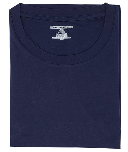 Folded navy blue Oversize t-shirt with a brand label on a white background