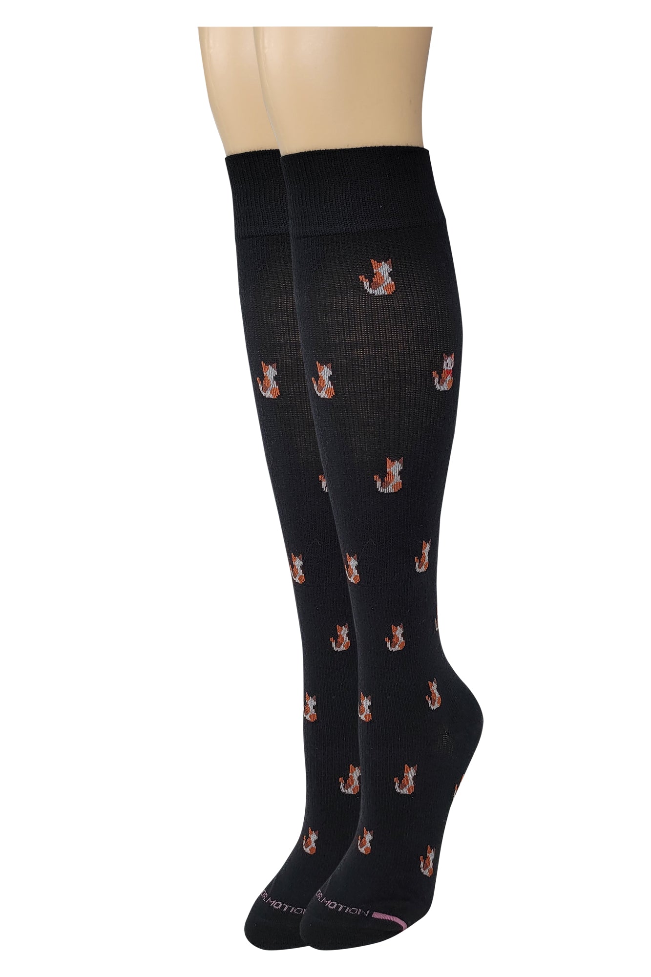 dr. Motion Black knee-high socks with cat pattern on a white background