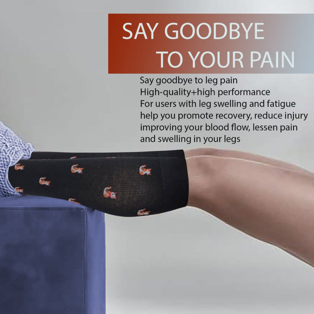 A woman wearing Dr. Motion women’s knee-high compression socks with cute cat design providing 8–15 mmHg mild graduated support