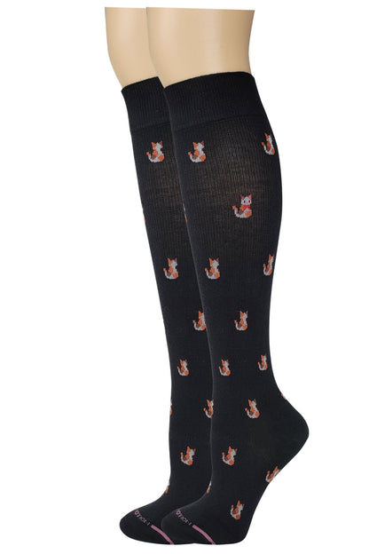 Black knee-high socks with cat pattern on a white background