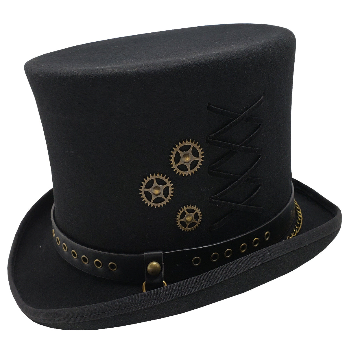 Black 6-inch Steampunk Top Hat with Gold Gears and Leather Band