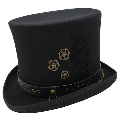 Black 6-inch Steampunk Top Hat with Gold Gears and Leather Band