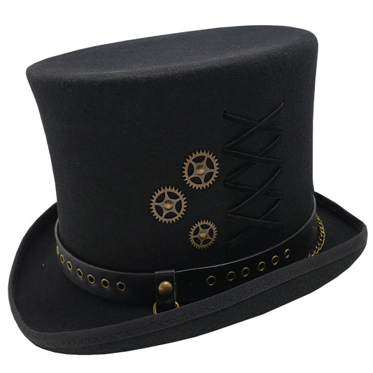 Black 6-inch Steampunk Top Hat with Gold Gears and Leather Band